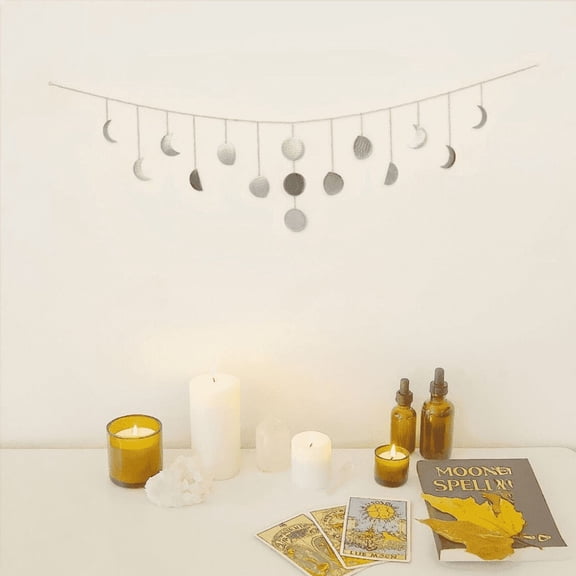 Moon & Crafts Silver Moon Phase Wall Hanging – 15 Phase Metal Garland 50 Inch | Boho Celestial Wall Decor for Bedroom, Living Room & Home