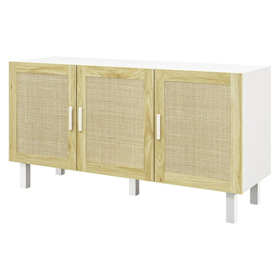 SAZYY Boho Kitchen Cabinet, White and Natural Buffet with 3 Rattan Doors & Adjustable Shelves for Dining Room