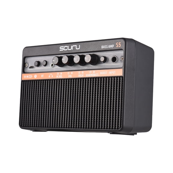 Scuru 20W Small Electric Bass Amp Portable Bass Guitar Practice Speaker Bluetooth Rechargeable Amplifier Black 7.7 inches / 19.5 cm Plug and Play Built-in Boost Effect Master Volume Controls