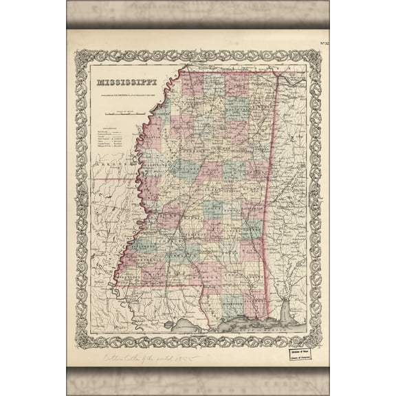24"x36" Gallery Poster, Map of Mississippi 1855