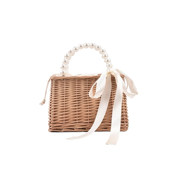 Bolsas Asas Tejidas Ratán Vintage para Mujer Mini Bolso Mano Con Perlas Playa (B)