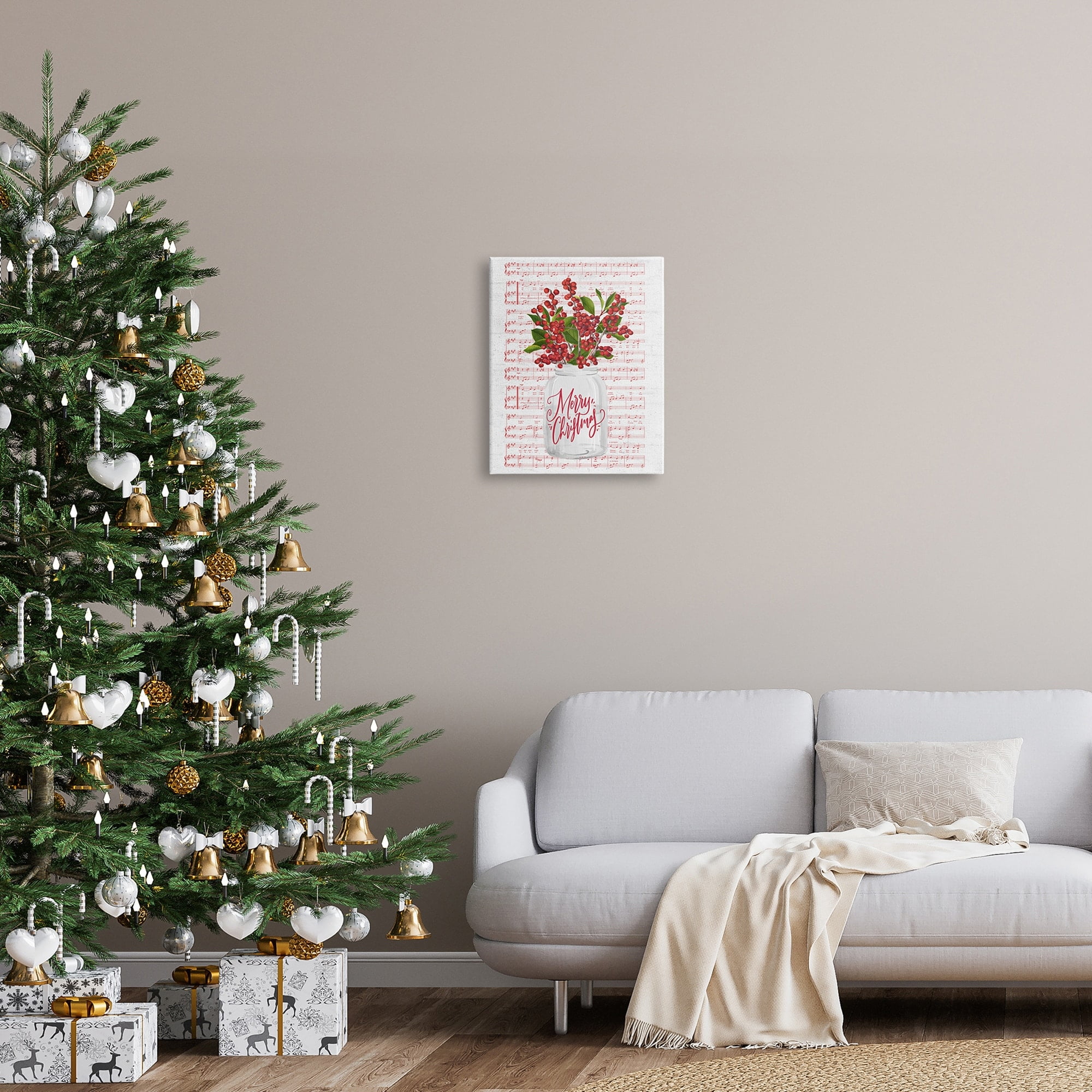 Christmas Holly Plant Music Sheet Notes Background Botanical & Floral Graphic Art Gallery-Wrapped Canvas Print Wall Art