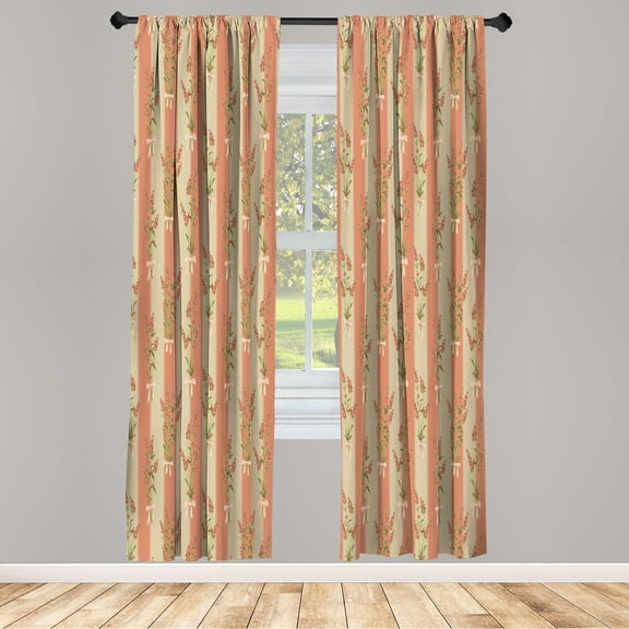 Ambesonne Lavender Curtains, Stripes Flowers Romantic, Pair of 28"x84", Khaki Salmon