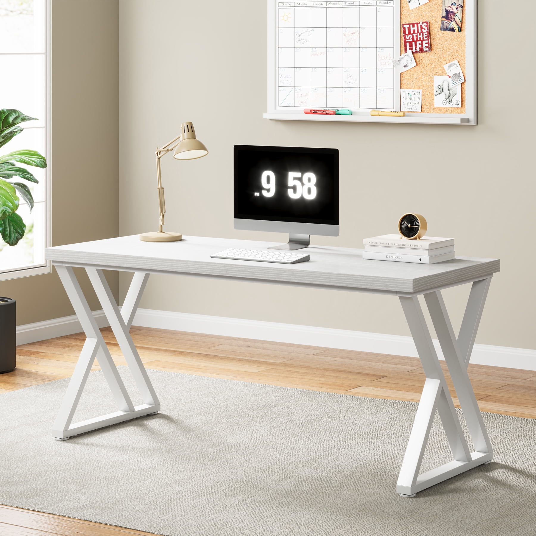 Tribesigns Writing Computer Desk, 55-Inch Modern Simple Study Desk with Z-Shaped Metal Leg, White