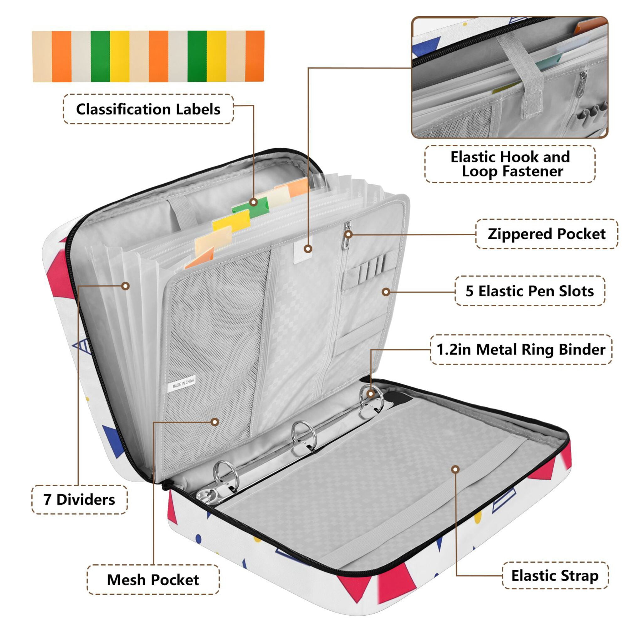 FORMRS Accordion File Folder A4 Size 7-Pocket Expanding Document Organizer Bag with 3 Ring Binder, Simple Triangles