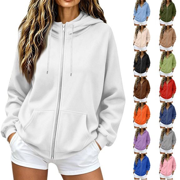 Zip Up Hoodie Women 2026 Y2K Casual Long Sleeve Oversized Hooded Sweatshirts Fall Winter Comfy Jackets with Pockets White M