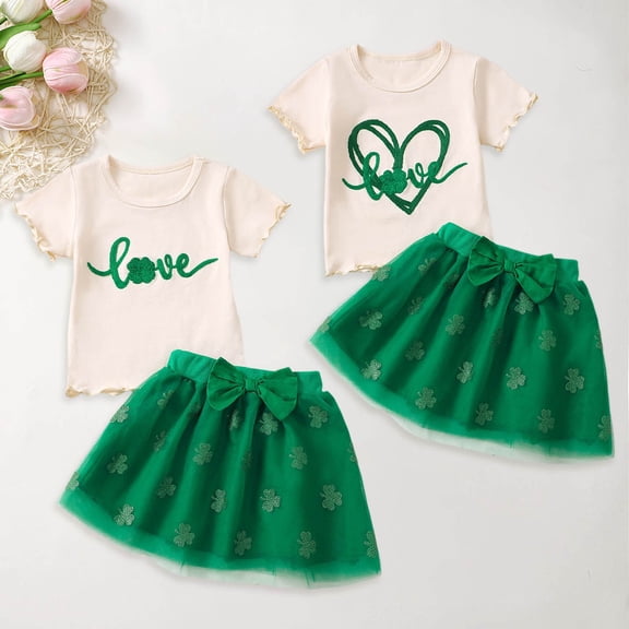 RTKFRFLM Girls St. Patrick's Day Set Letter Print T-Shirt and Tulle Skirt Outfit Green 18-24 Months