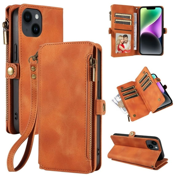 Hoabuy for iPhone 15 Pro Max / 15 Ultra Wallet Case with Strap RFID Blocking Leather Flip Kickstand Cover-Brown