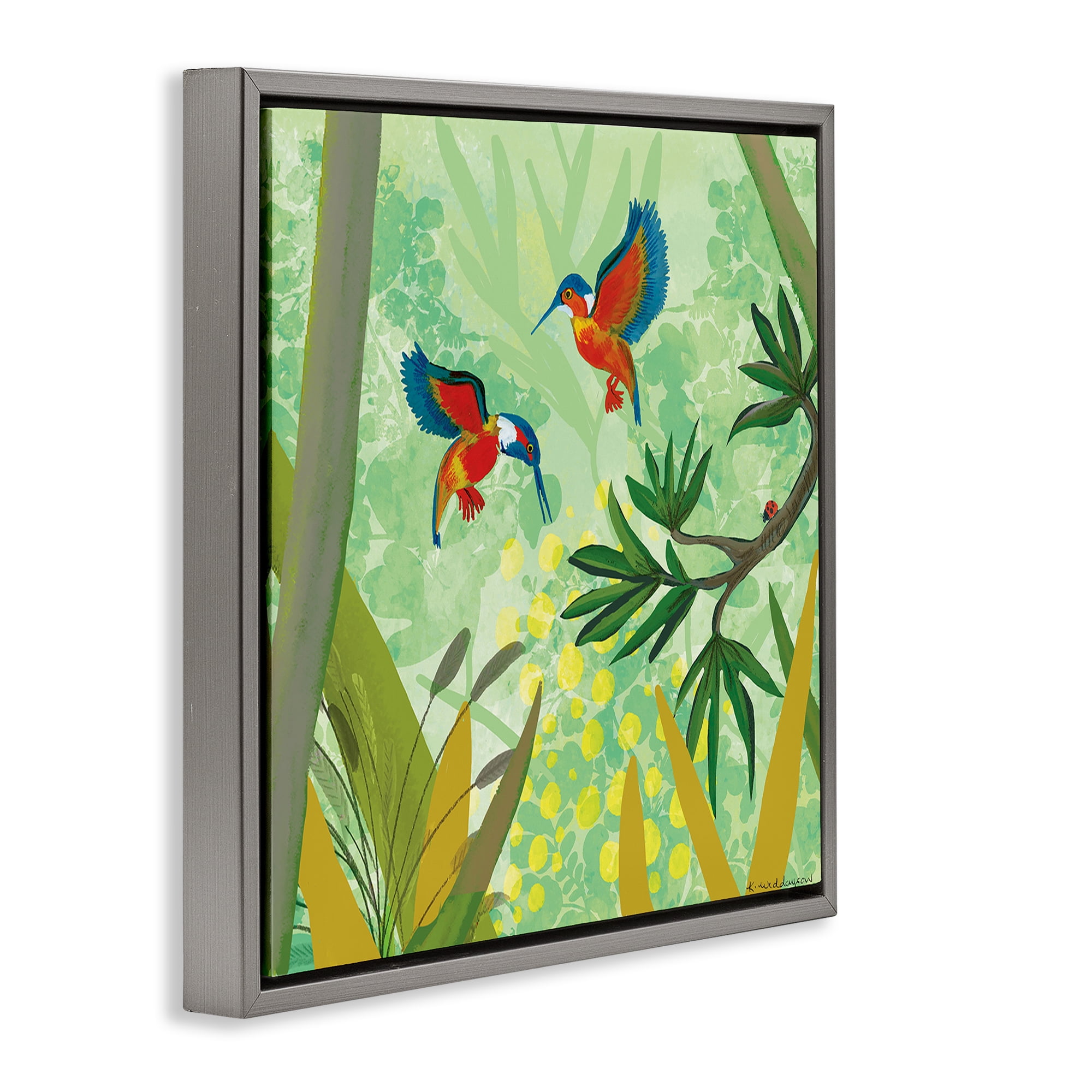 Stupell Industries Kingfishers in Jungle Branches Gray Framed Floater Canvas Wall Art, design by Kay Widdowson
