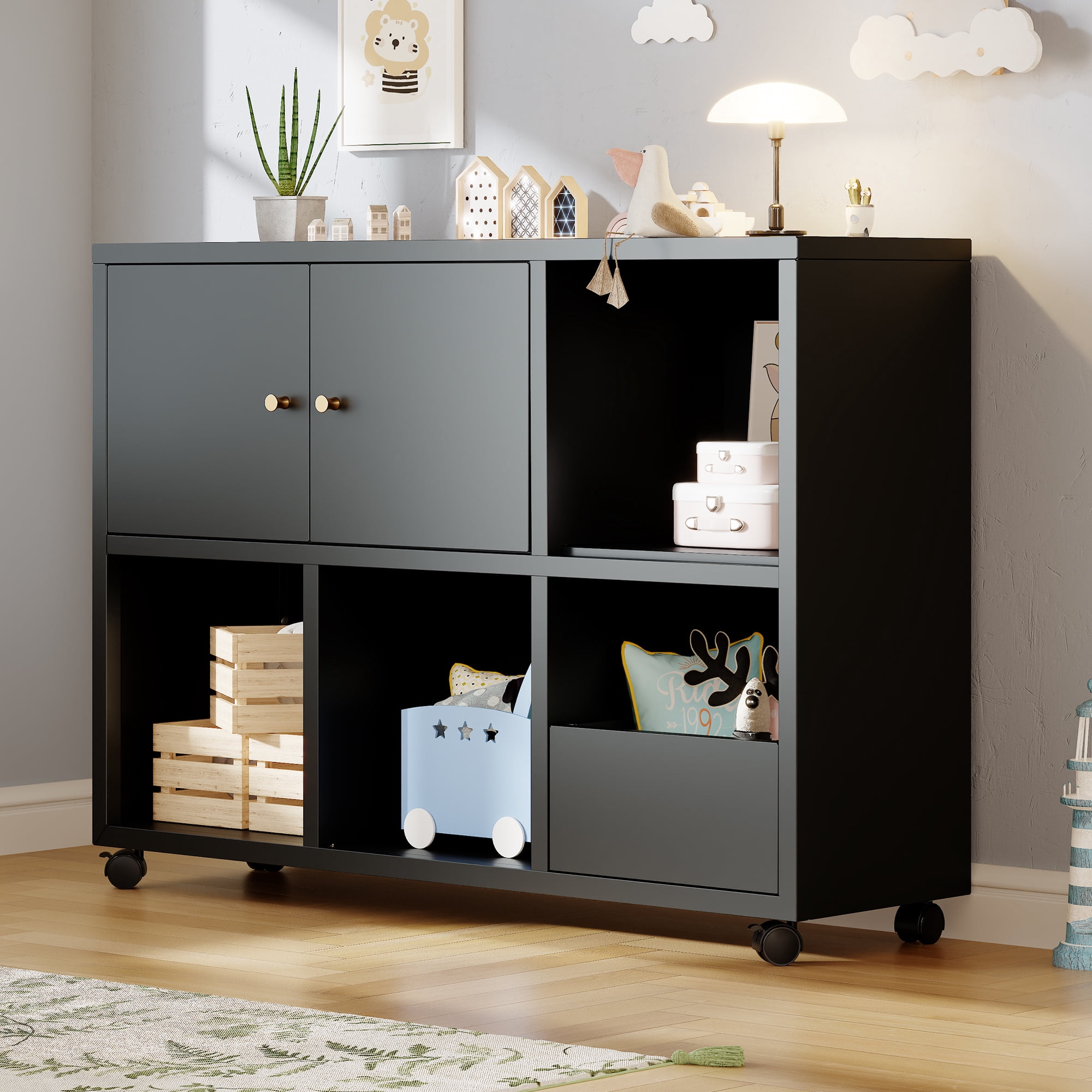 HOQBN Toy Storage Cabinet with 4 Wheels,Cubes Storage Bins Cubes with Open Cubbies & Closed Cabinets,Metal Storage Furniture for Playroom,Living Room,Black