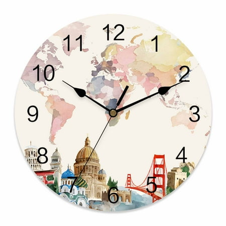 Wall Clock World Map Clocks PVC Silent Non-Ticking Battery Operated Decorative Famous Building Tourism Bridge Round Clock for Home Living Room Kitchen Bedroom Office School Wall Decor 14 Inch