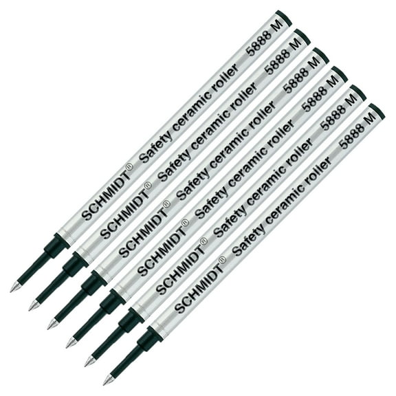6X Schmidt 5888 M Safety Ceramic Rollerball Metal Refill Black Ink, Medium Tip
