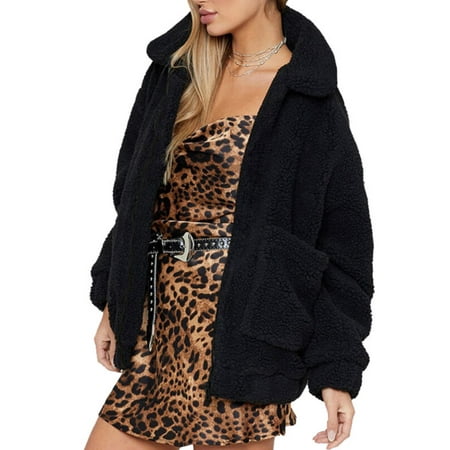 Ladies Warm Up Scrub Jacket - Womens Thick Warm Teddy Bear Pocket Fleece Jacket Coat Zip Up Outwear Overcoat