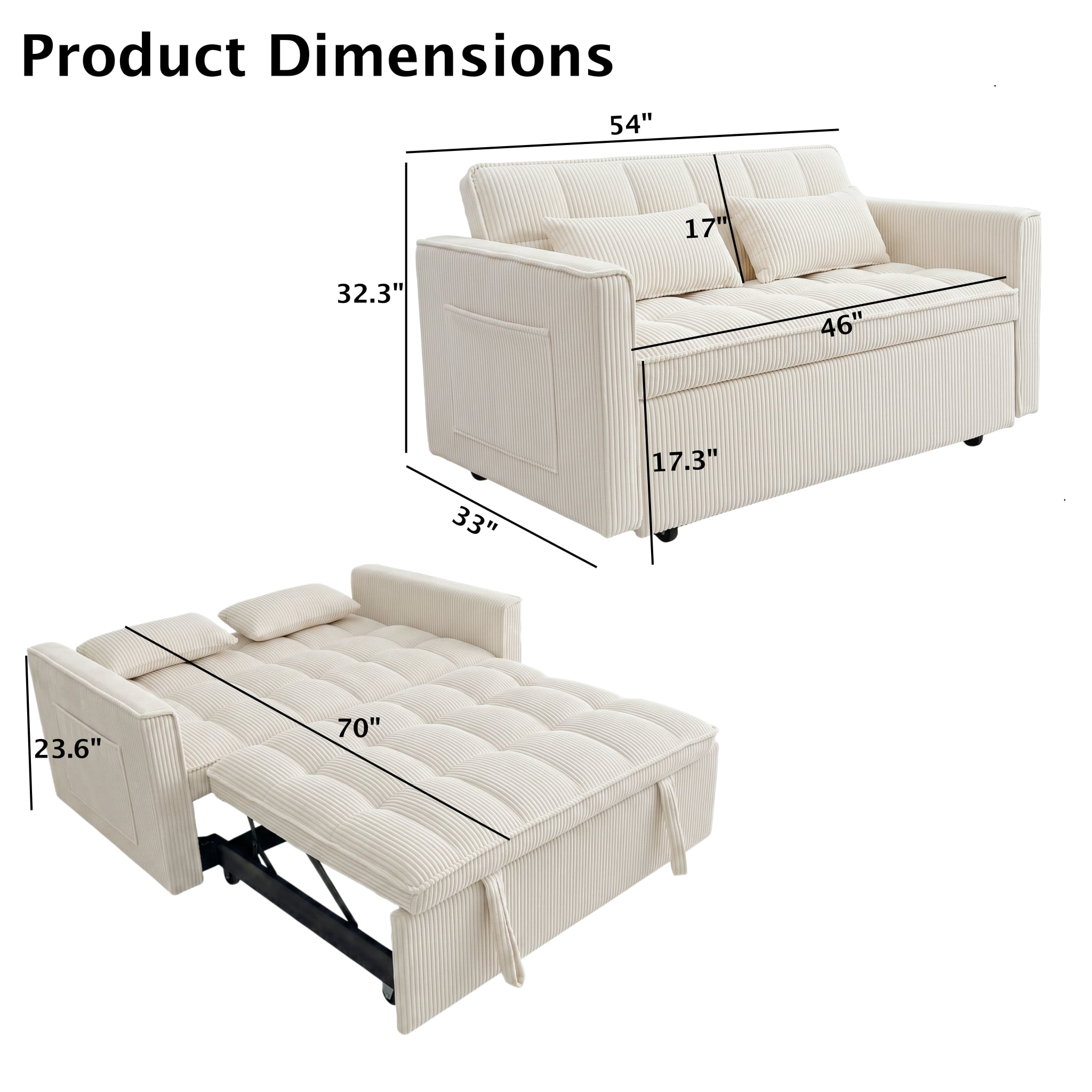 Scolyk 54" 3 in 1 Convertible Sleeper Sofa Bed, Corduroy Loveseat Couch Bed Sofa Pull Out with 5-Position Adjustable Backrest, Storage Pockets, Lumbar Pillows for Living Room, Beige