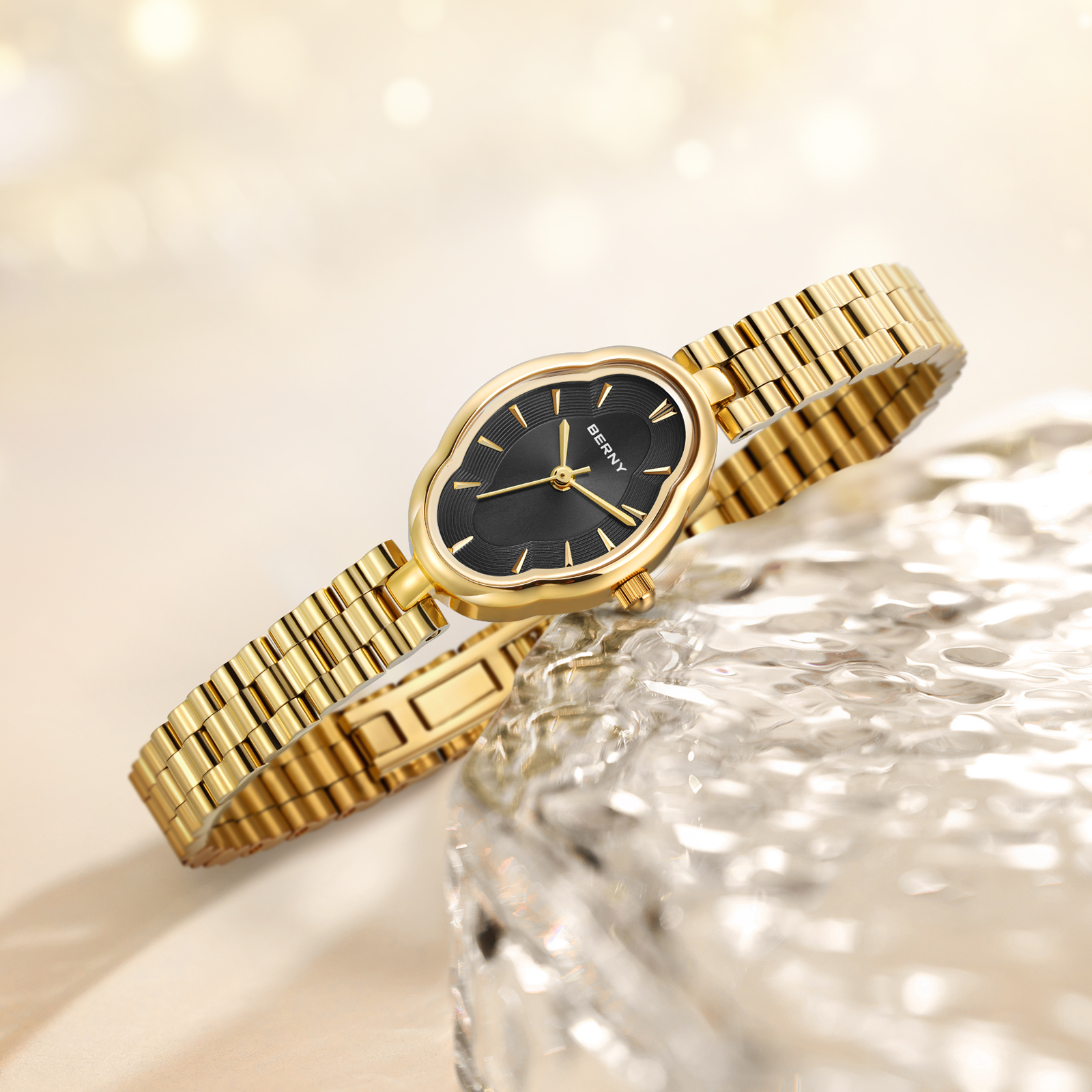 BERNY Small Gold Watches for Women Dainty Vintage Ladies Analog Quartz Bracelet Watch, Adjustment Tool Included Stainless Steel Waterproof, Fashion Luxury Womens Wrist Watches Gifts (Black)