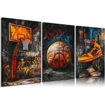 3pcs Basketball Graffiti Canvas Wall Art Retro Abstract Graffiti Teen Wall Decor Pictures Basketball Court Sneakers Posters Prints Paintings for Teen Boys Living Room Bedroom（Only canvas）
