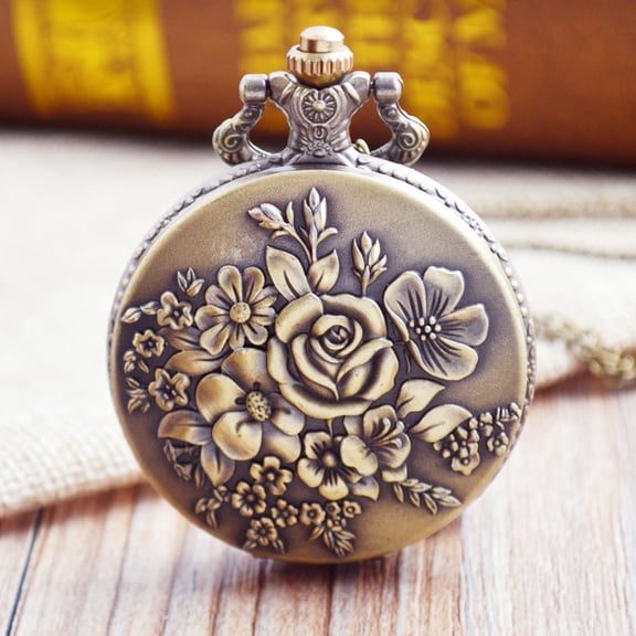 OULII Vintage Style Coffee Alloy Pocket Watch Necklace with Quartz Movement, Perfect for Everyday Use