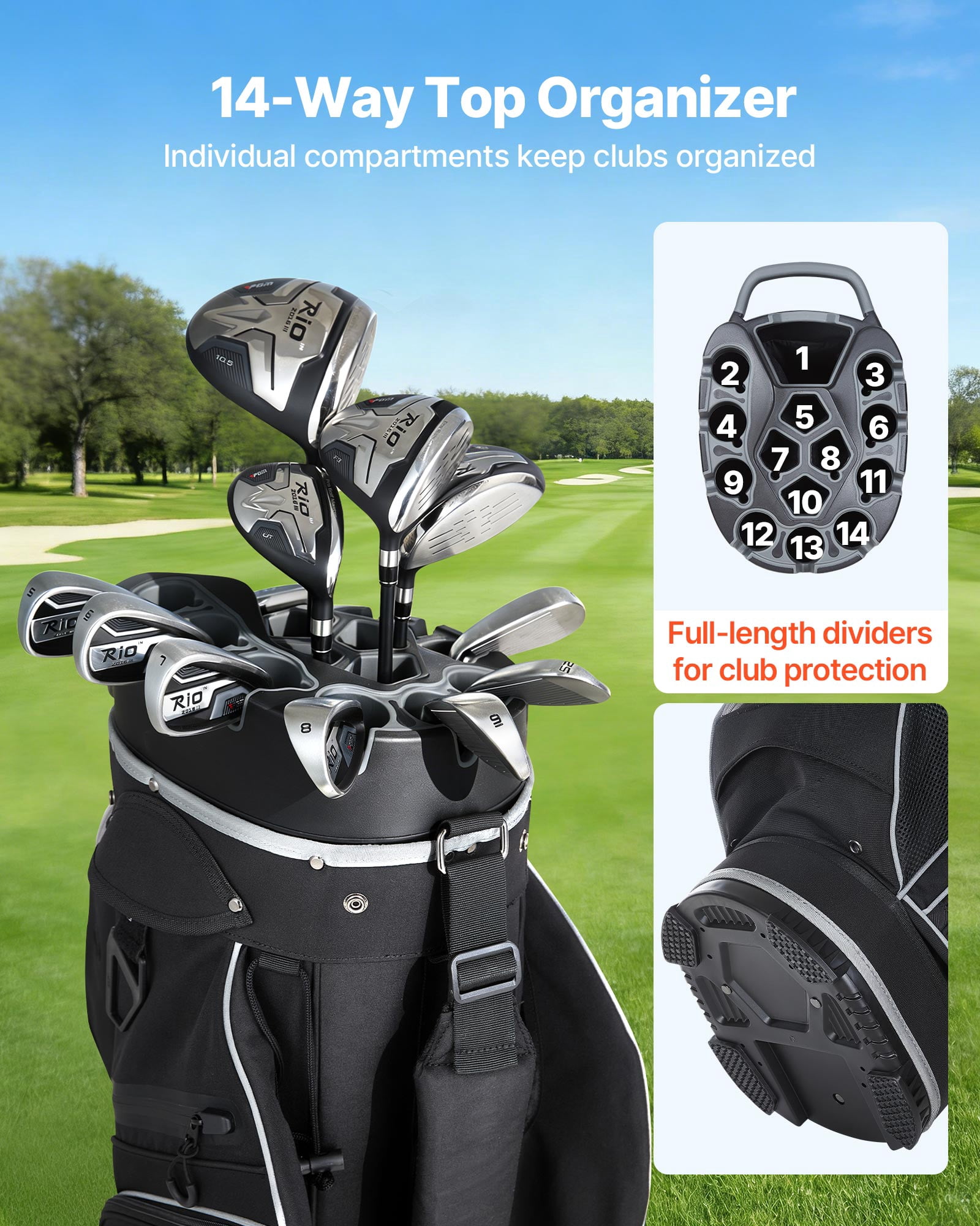 VEVOR Golf Cart Bag, 14 Way Top Divider Organizer, Golf Club Bag with Full-length Divider, Storage Pockets, Shoulder Strap, Rain Hood, Smooth Zippers, High-Strength 900D Polyester for Men & Women