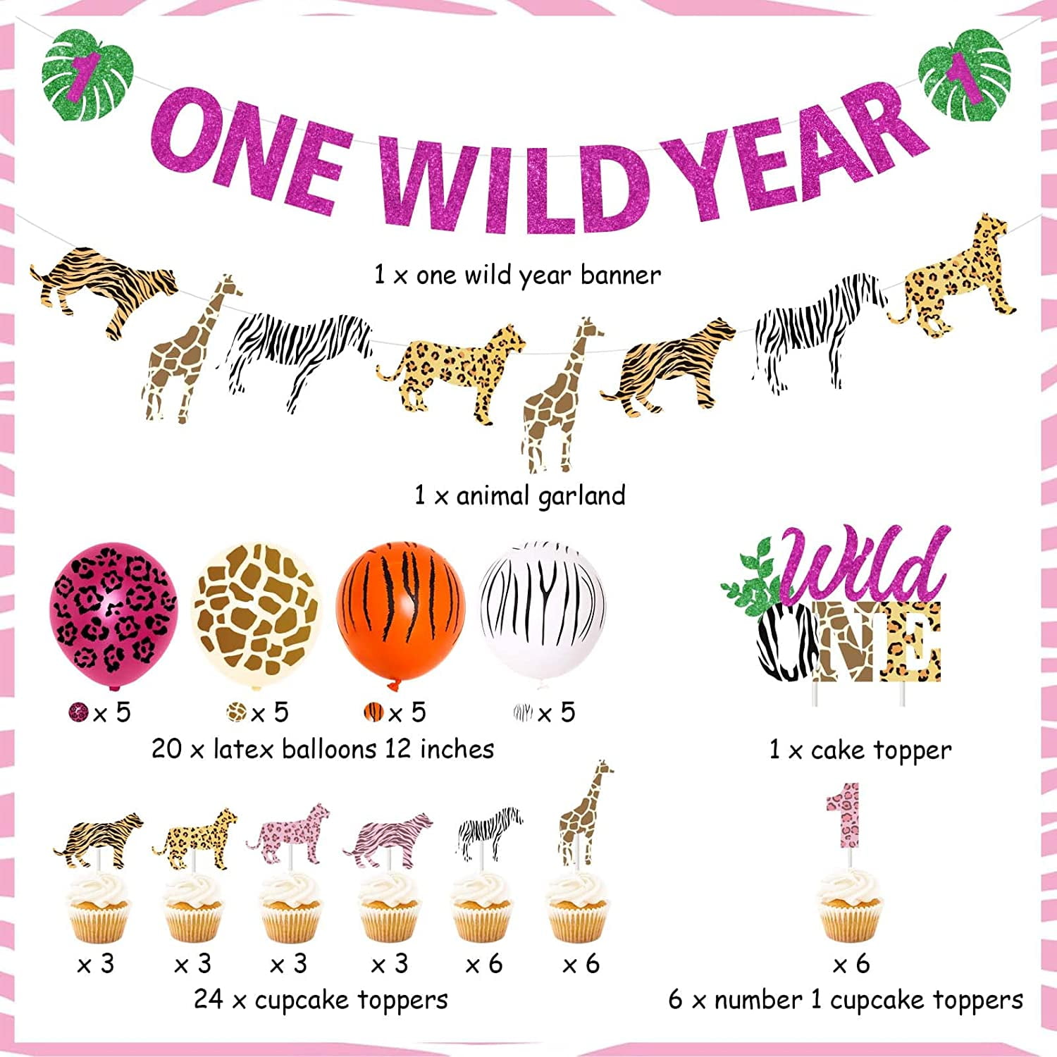 Two Wild Birthday Decorations Girl Safari - Jungle Theme 2nd Birthday  Decorations, Include Born Two Be Wild Banner Animal Garland Jungle Animals Cake  Toppers Pink Cheetah Balloons - Walmart.com, image size:1500x1500
