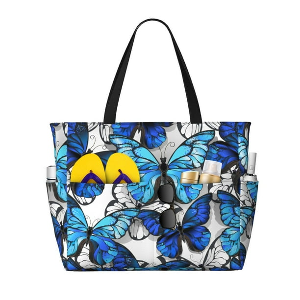 Fotbe Blue and White Butterflies Bolsa de Viaje para Playa - Resistente al Agua, Bolsa Tote de Gran Capacidad y Ligera con 7 Bolsillos para Mujeres y Hombres