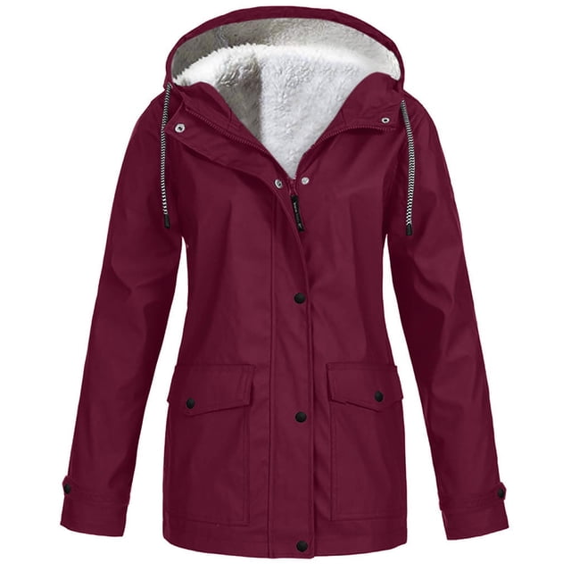WEIYLL Womens Fleece Jackets Solid Plush Rain Outdoor Plus Size Hooded Rain Windproof Wine Fall Clothes Size 5XL