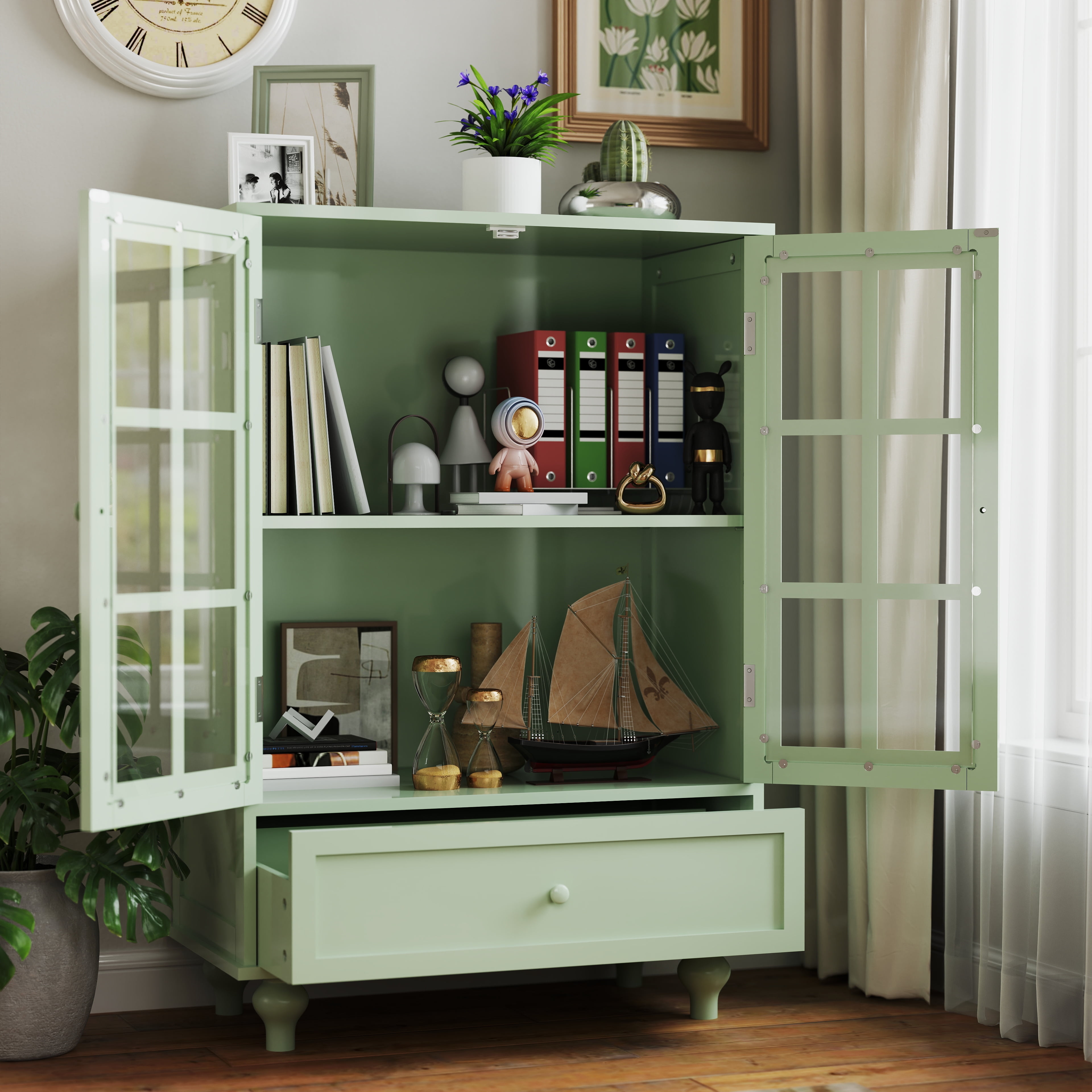 Aukfa Buffet Pantry Cabinet,2 Doors Wood Sideboard Storage Cabinet for Dining Room Hallway Entryway,Green