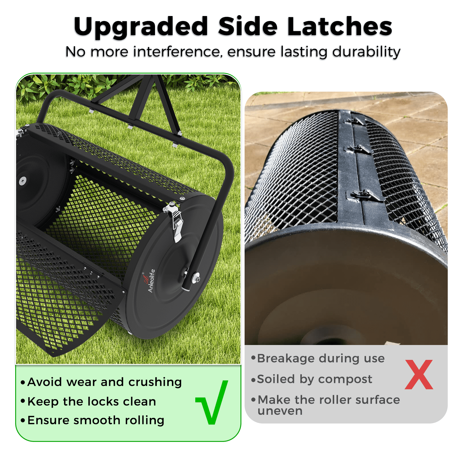 TRAMULL 24 Inch Compost Spreader, Lawn and Garden Peat Moss Roller with Side Latches, 24-31.1" Height Adjustable Handle, Galvanized Metal Mesh Basket for Spreading Topsoil, Manure, Mulch, Black