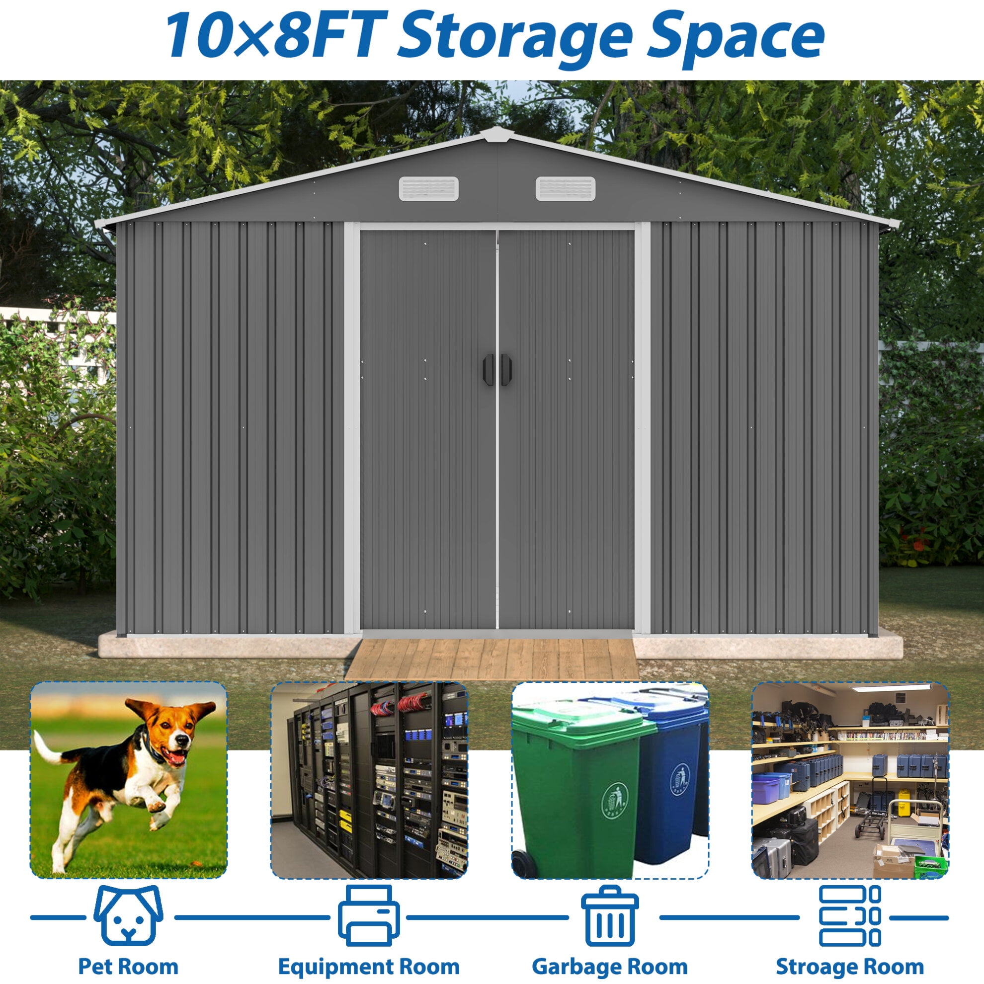 10X8 FT Outdoor Storage Shed, Metal Tool Shed & Outdoor Storage with Lockable Door and Vents Ideal for Bicycles, Tools, Lawnmowers, Backyards, Patios, Lawns