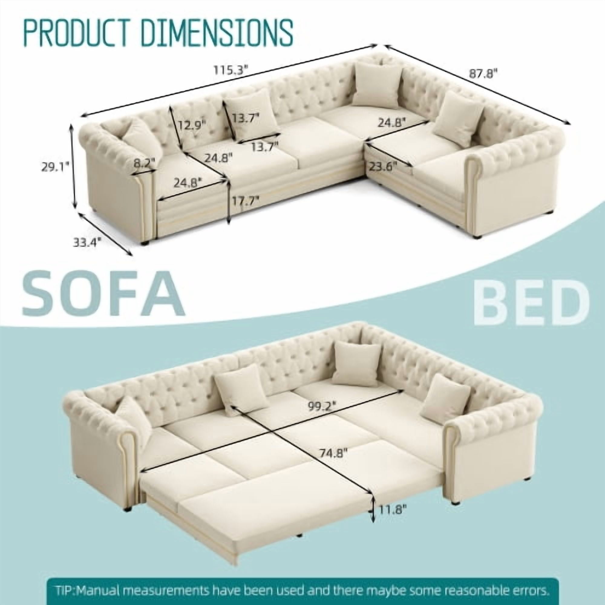 115.3" L-Shaped Velvet Sofa Bed, Button Tufted Pull-Out Sleeper, Gold Trim Rolled Arms, Beige