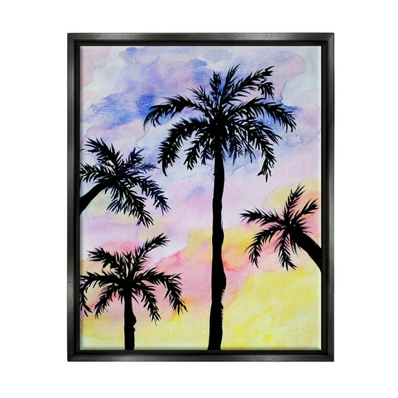 Palm Tree Silhouettes Sunset Sky Botanical & Floral Graphic Art Jet Black Framed Art Print Wall Art