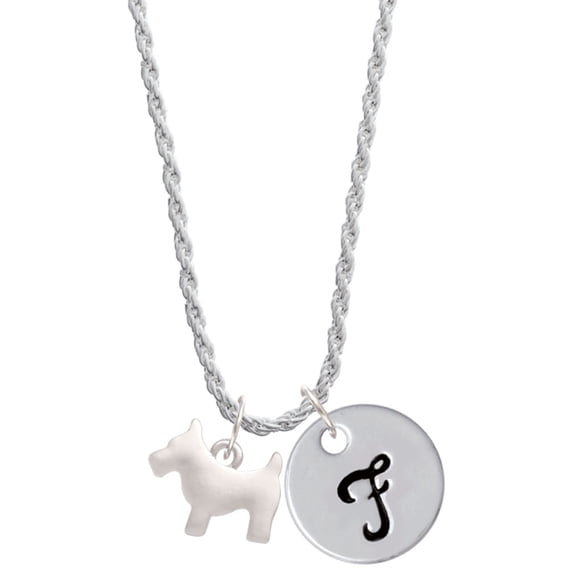 Delight Jewelry Silvertone Flat Scottie Dog Silvertone Script Initial Disc - F - Charm Necklace, 20"+3"