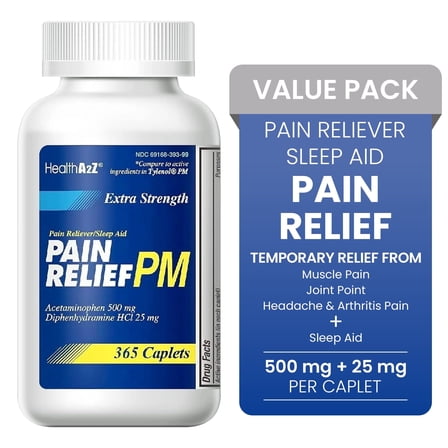 HealthA2Z Acetaminophen and Diphenhydramine PM Pain Relievers, Allergy Medicine with Sleep Aid, Extra Strength, 365 Count
