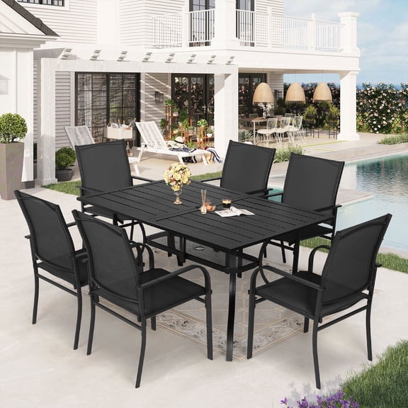 SUNCROWN 7-Piece Outdoor Patio Dining Set with Metal Steel Square Table with 1.57" Umbrella Hole, Textilene Chairs for 6-Person,(Black)