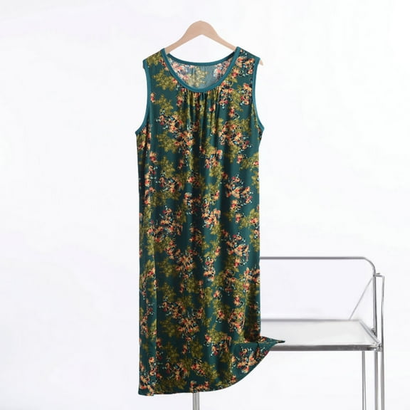 Liuchenyi Under $10 Sleeveless Nightgowns for Women Casual O Neck Floral Print with Pocket Long Dress Nightgowns for Women Soft Cotton Xxxxxl