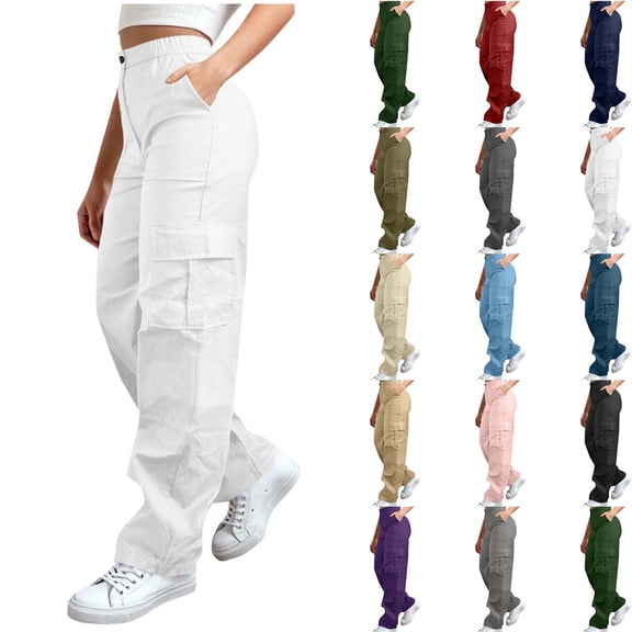 DYTTDG Solid Wide Leg Cargo Pants, Elastic High Waist Loose Fit Women's Casual Multi-Pocket Full Length Streetwear Trousers