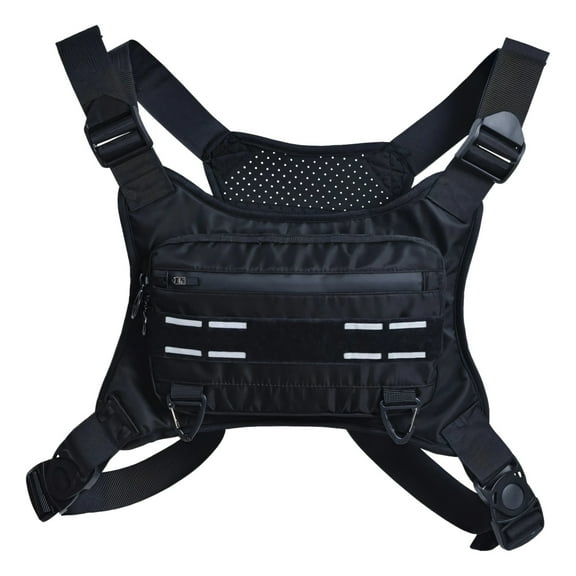 Running Chest Pack for Men, Outdoor Sports Chest Bag with Adjustable Straps, Breathable Back, Reflective Strips, Small Double-zipper Pocket, Ideal for Marathon, Cycling, Hiking, Black
