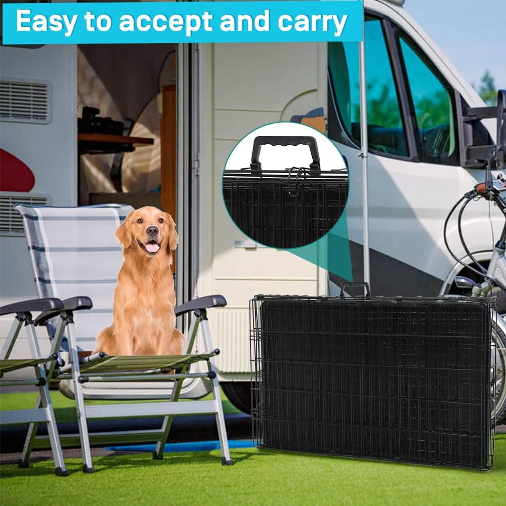 XF XINFENG 42 inch Folding Metal Dog Crate Indoor Outdoor Portable Dog Cage Kennel with Double-Door & Plastic Tray & Divider, Black
