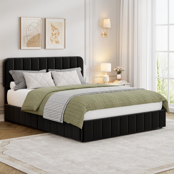 King Size Velvet Bed Frame with Adjustable Headboard, Upholstered Platform Bed with Slat Support, No Box Spring Needed, Easy Assembly, Black