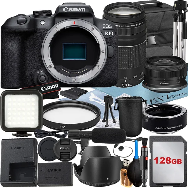 Canon EOS R10 Mirrorless Camera with RF-S 18-45mm + EF 75-300mm Lens + Mount Adapter + 128GB Memory Card + Case + LED Flash + ZeeTech Accessory Bundle