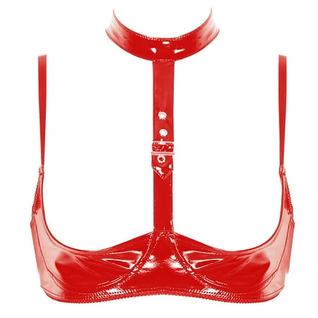 Aiihoo Women s Wetlook Lingerie Patent Leather Halter Neck Underwear Wire-Free Bralette Tops Red S