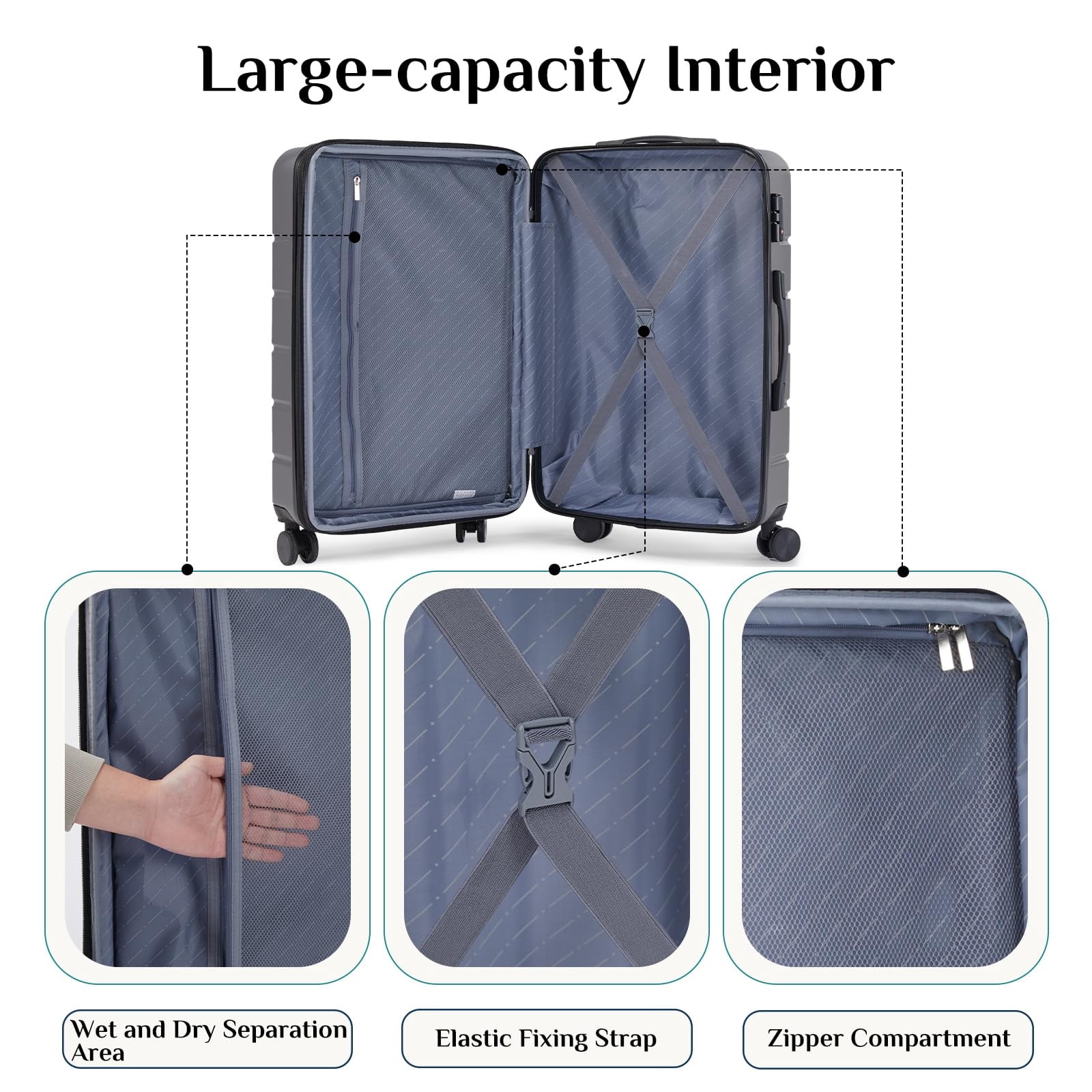 Kelno 3-Piece Hardside Luggage Set 20/24/28Inch ABS Suitcase Set with Double Spinner Wheels TSA Lock Lightweight Rolling Luggage, Dark Gray