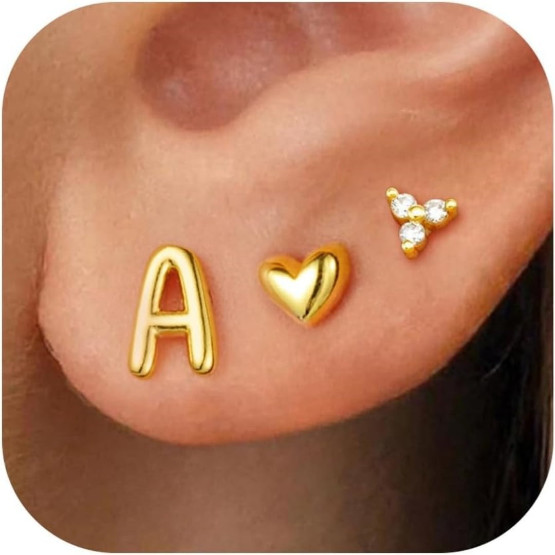 Turandoss Initial Heart Stud Earrings Set for Women 3 Pairs Dainty 18K Gold Plated Flat Back Stud Cartilage Earrings Hypoallergenic Jewelry Birthday Graduation Gifts for Her Teen Mom Girlfriend Ideas