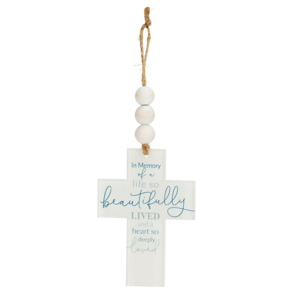 Life So Beautiful White Cross 4.25 x 3 Beaded Acrylic Hanging String Ornament
