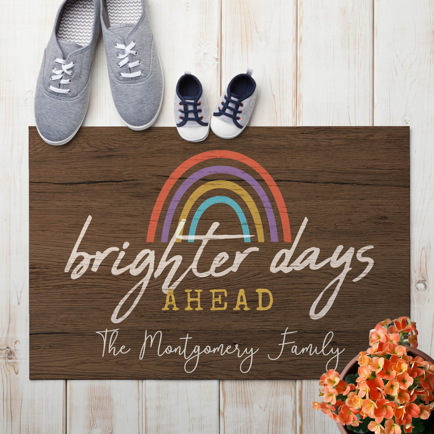 Personalized Planet 27x18 Rainbow Brighter Day Ahead Doormat with Custom Family Name Printed on Brown Rectangular 1/8” Thick Non Slip Mat for Kitchen Hallway Deck or Porch