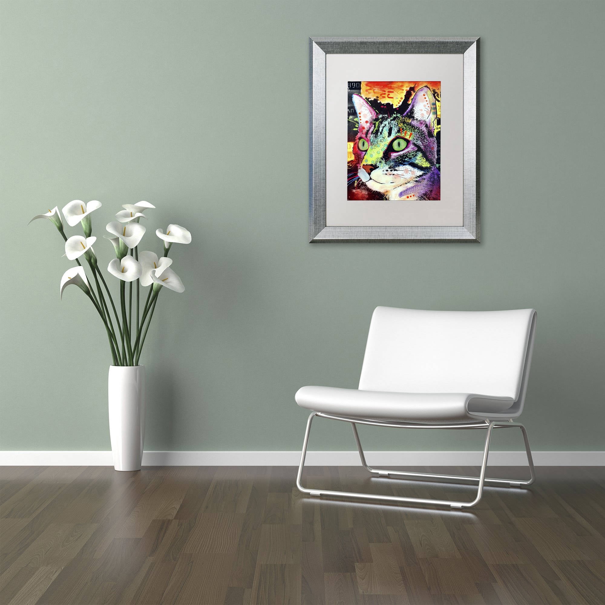 Trademark Fine Art "Curiosity Cat" Canvas Art by Dean Russo, White Matte, Silver Frame