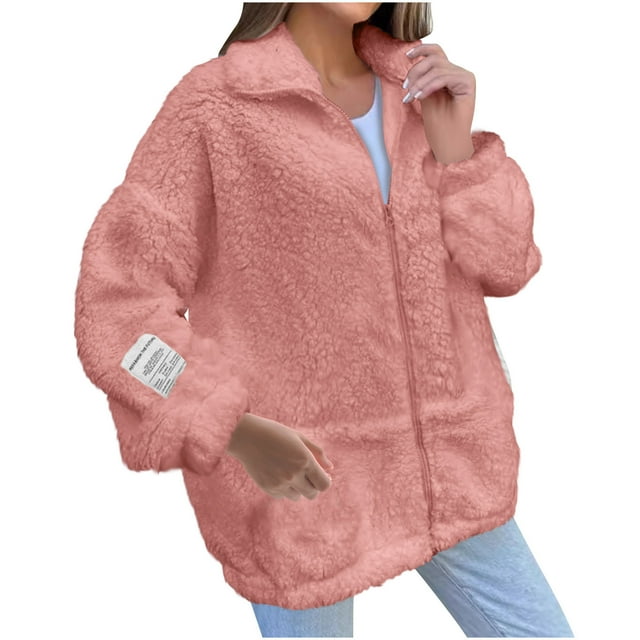 WRKEKC Women's Thick Plush Jacket Long Sleeve Solid Color Zipper Front Winter Warm Coat