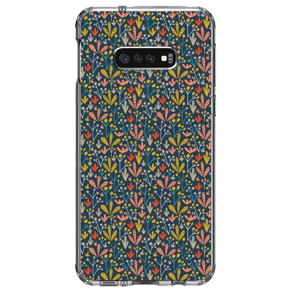 DistinctInk Clear Shockproof Hybrid Case for Samsung Galaxy S10e (5.8" Screen) - TPU Bumper, Acrylic Back, Tempered Glass Screen Protector - Modern Floral - Navy Yellow Teal