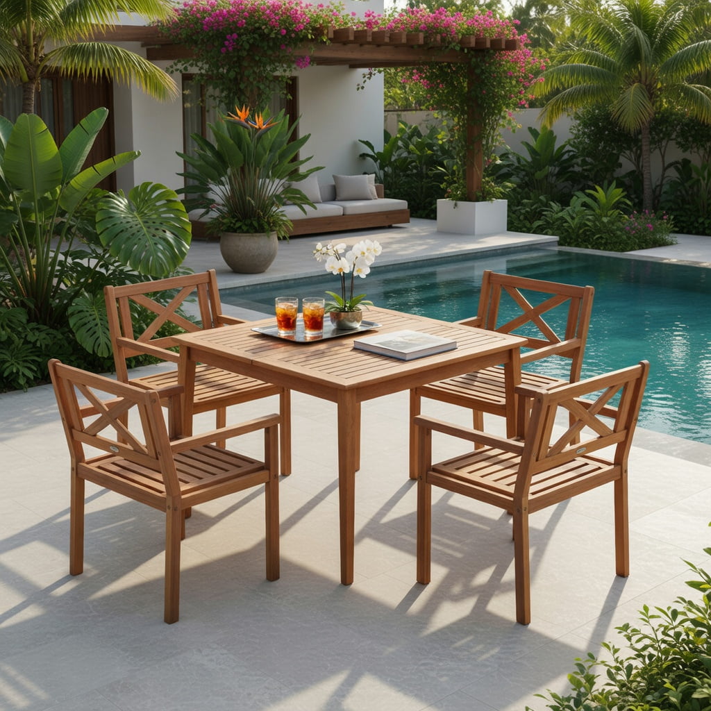 Hommoo Set of 2 Outdoor Acacia Wood Patio Dining Chairs, Teak Finish, Ergonomic Slatted Design for Deck, Porch & Garden, Natural