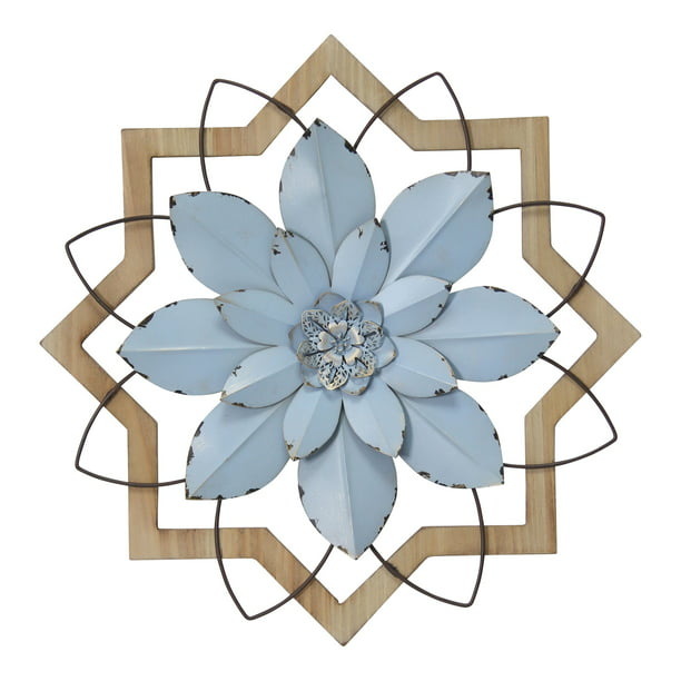 Stratton Home Decor Metal Blue Flower And Wood Frame Com - Stratton Home Decor Rustic Flower