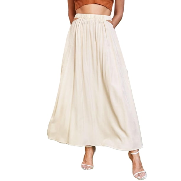 Gibobby faldas para mujer invierno Falda larga de media falda de color sólido ahuecada de cintura alta para mujer(Beige, L)